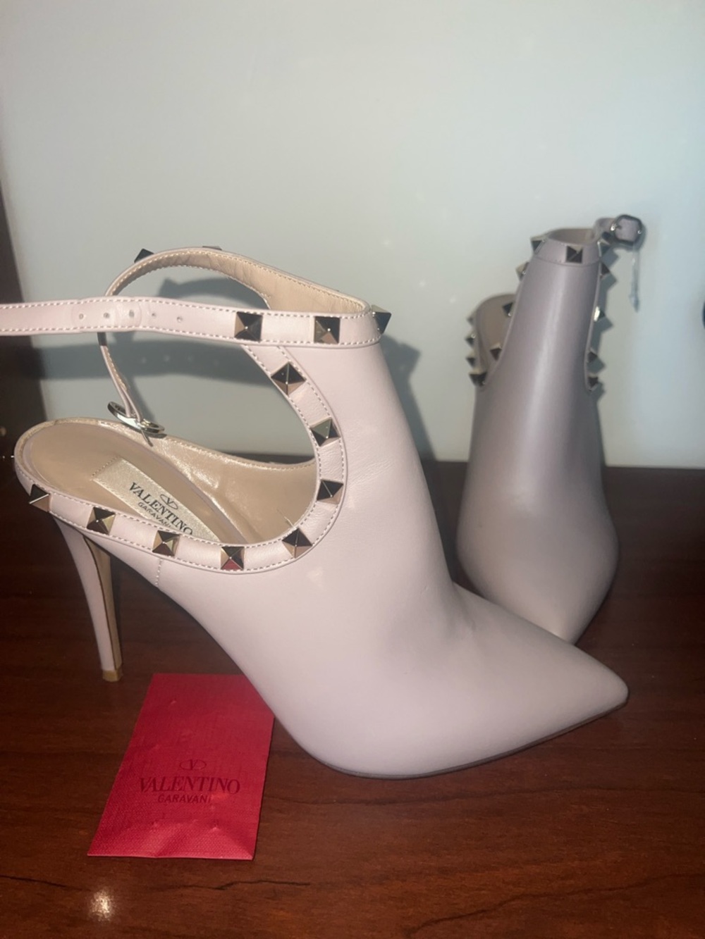Valentino Garavani blush pink studded leather pointed stiletto booties